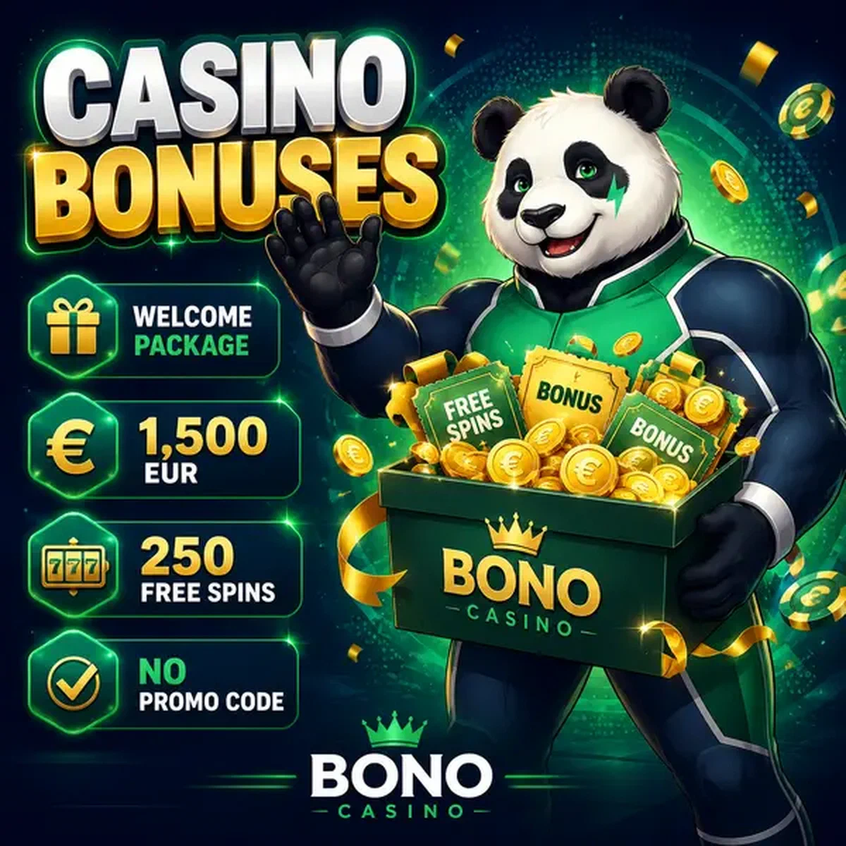 Bruno le panda tenant une boîte de prix bonus débordante lors de la célébration de bienvenue de Bruno Casino