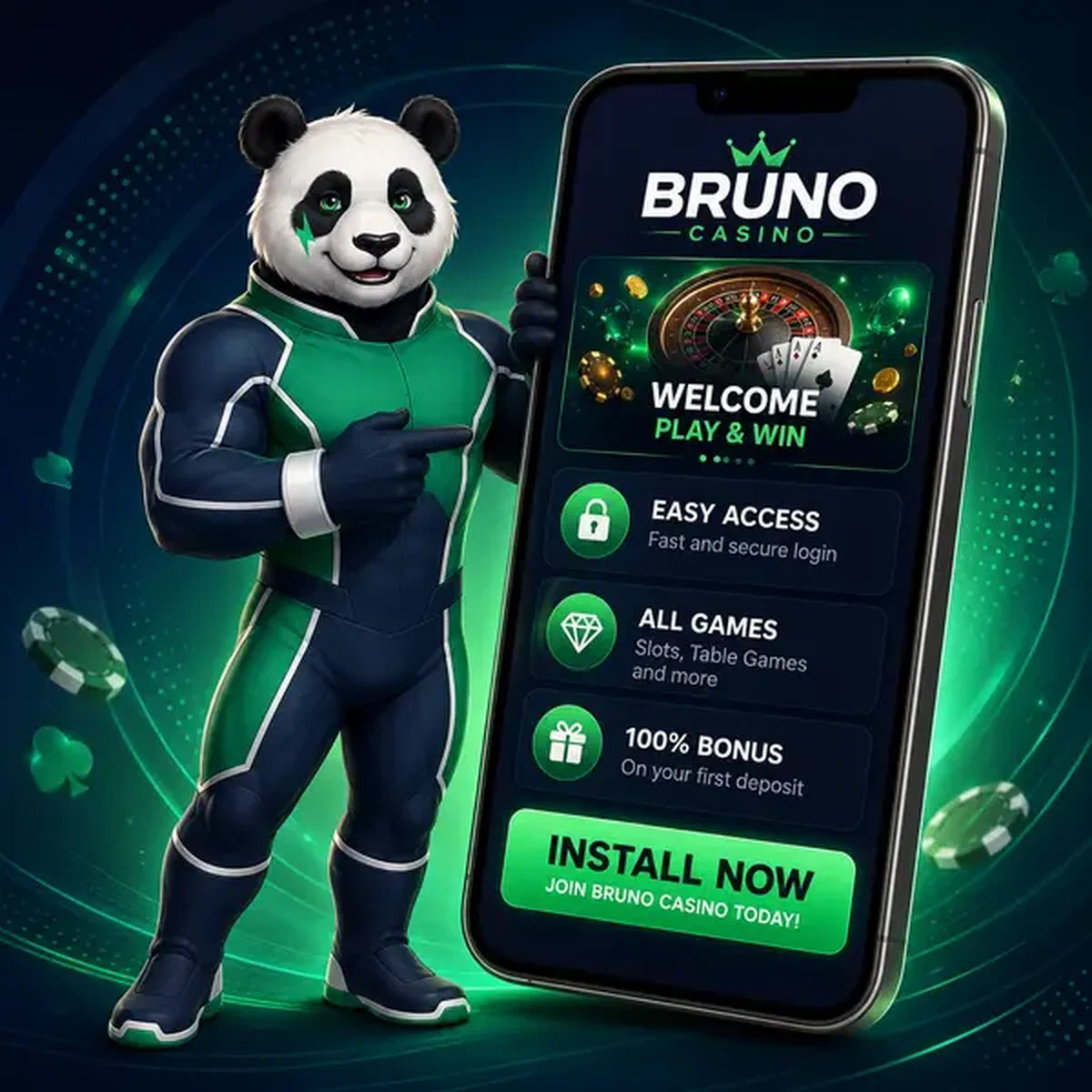 Bruno le Panda présentant le téléchargement de l'application mobile sur un smartphone lumineux chez Bruno Casino