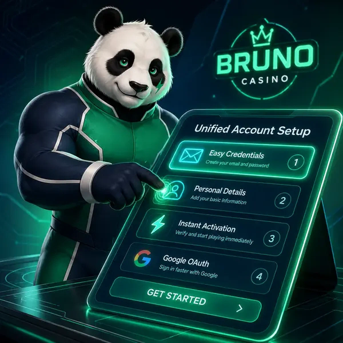 Bruno le Panda guidant l'inscription des joueurs à la configuration de compte unifié Bruno Casino