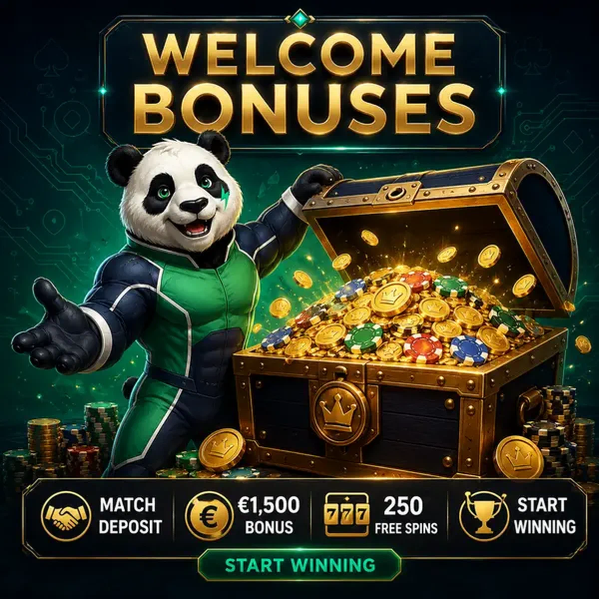 Bruno le panda révélant les trésors du bonus de bienvenue chez Bruno Casino