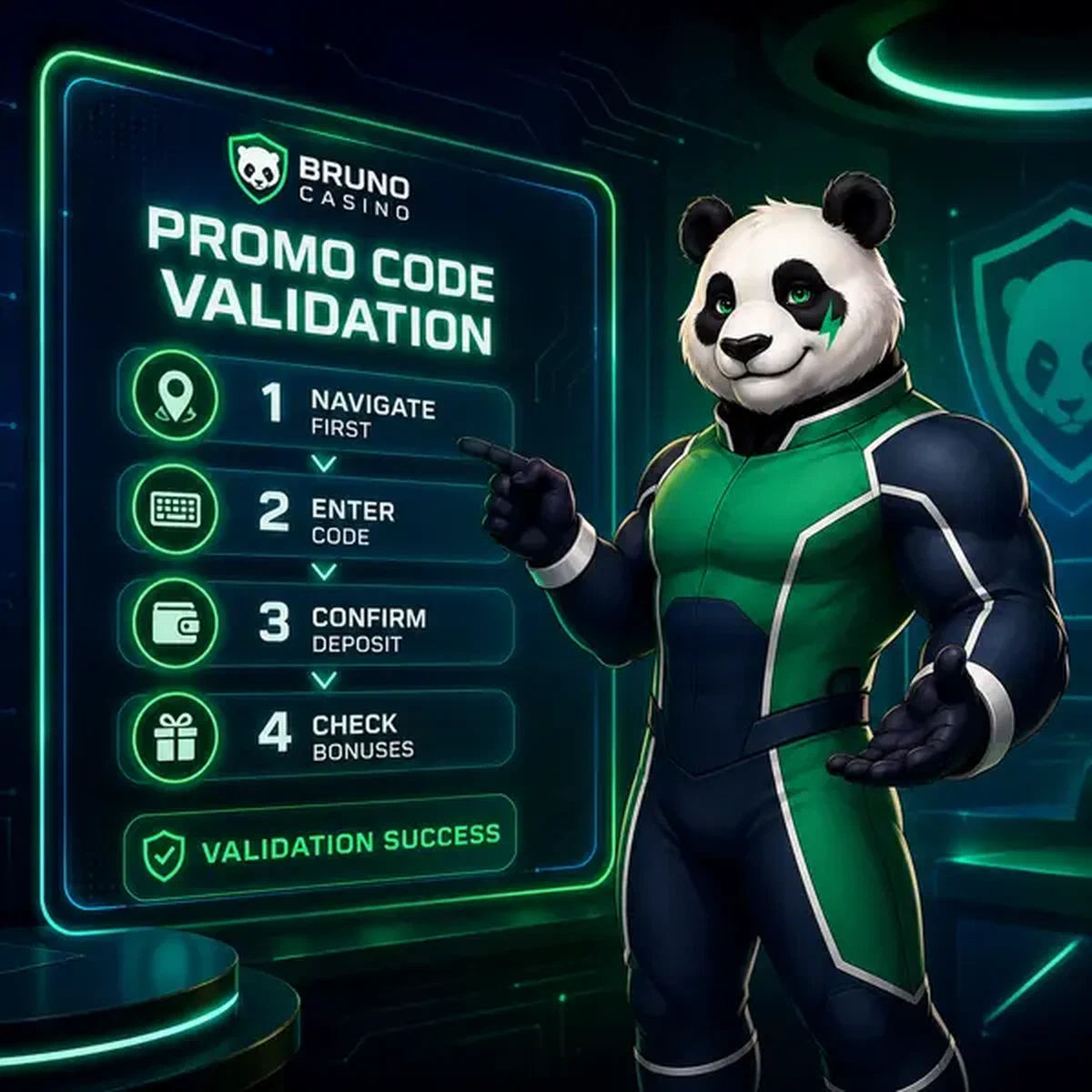 Bruno le Panda pointant le tableau de bord lumineux de validation des codes promo chez Bruno Casino