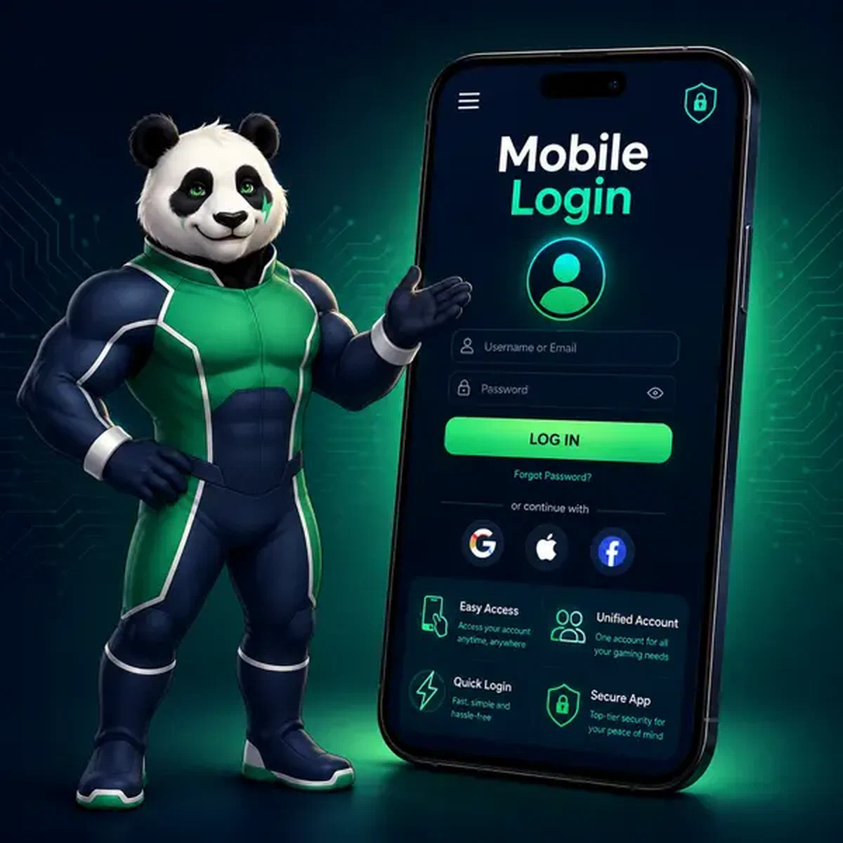 Bruno le panda faisant un geste vers un smartphone affichant l'interface de connexion mobile au portail Mobile Login