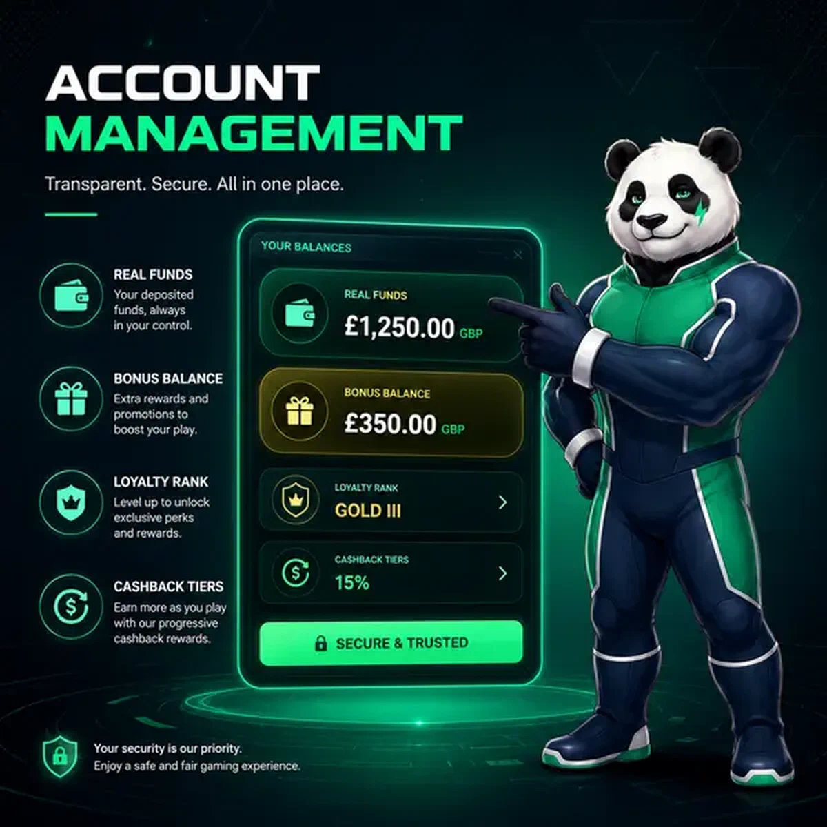 Bruno le panda gérant avec confiance le Tableau de Bord du Compte et la Gestion du Solde avec un accès de connexion sécurisé