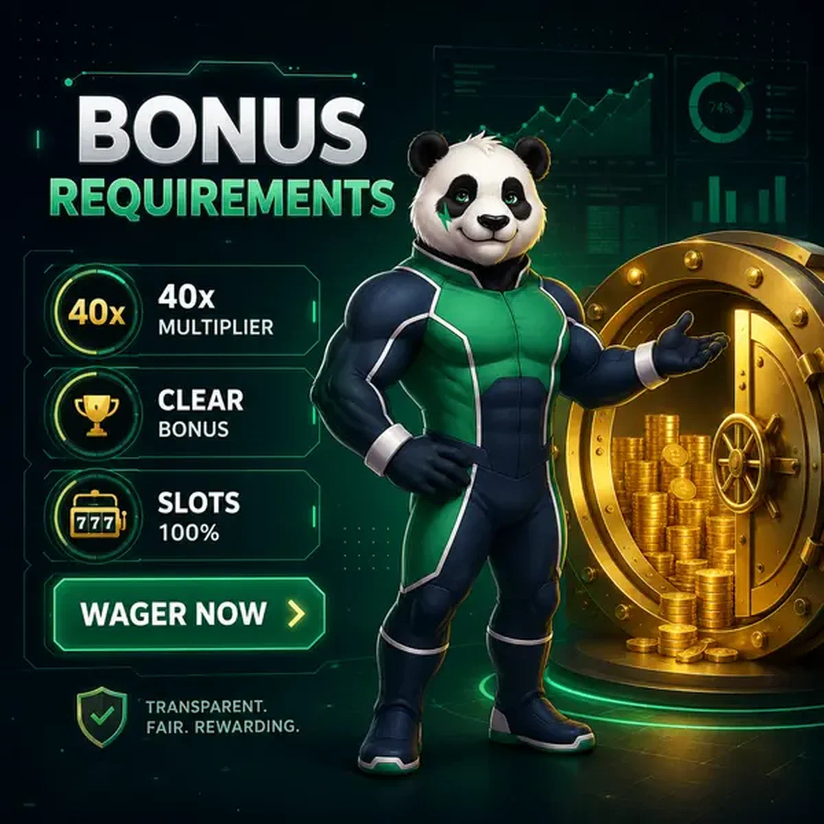 Coffre-fort bonus Bruno Casino brillant avec les conditions de mise 40x clairement affichées