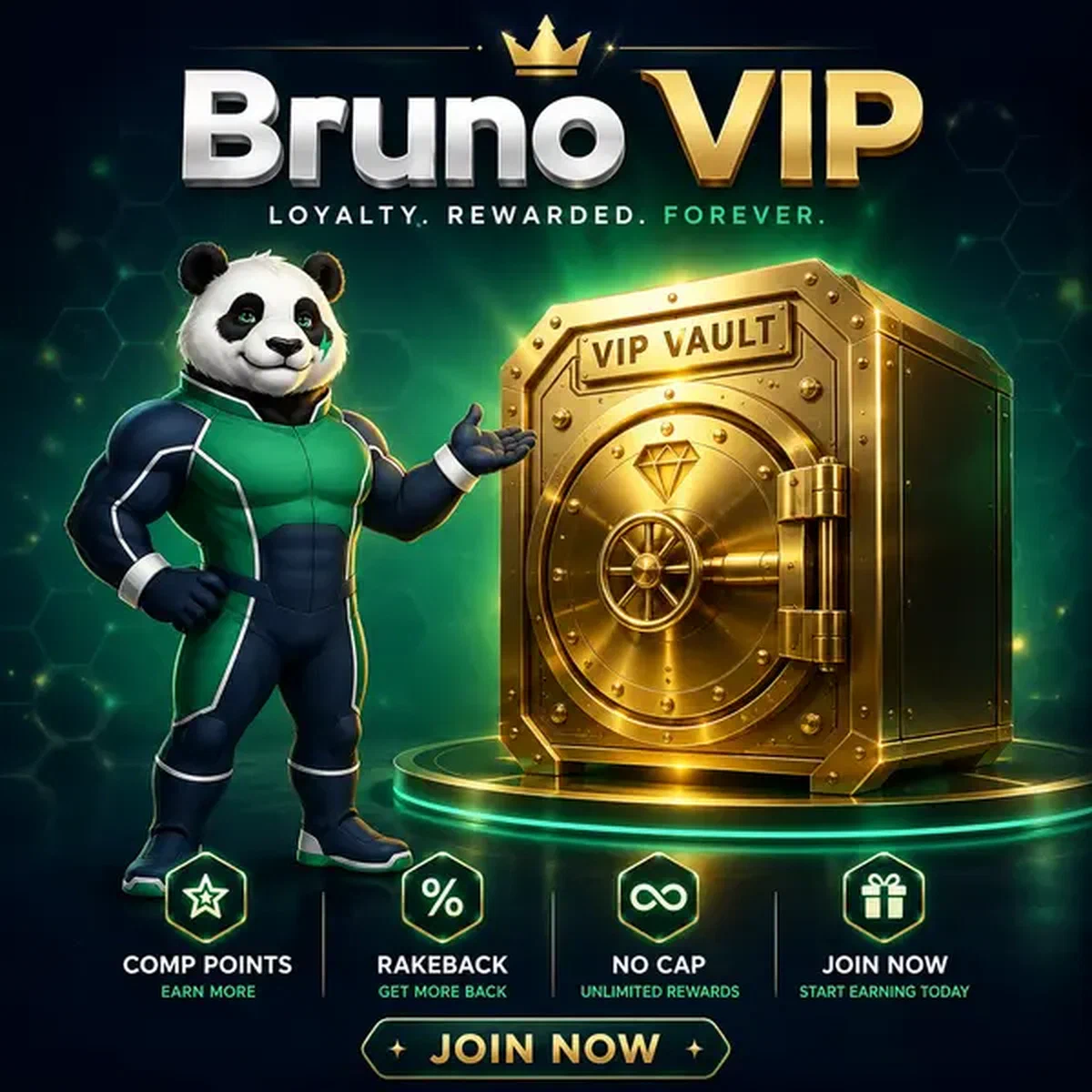 Bruno le Panda présentant les récompenses VIP au coffre de fidélité Bruno Casino
