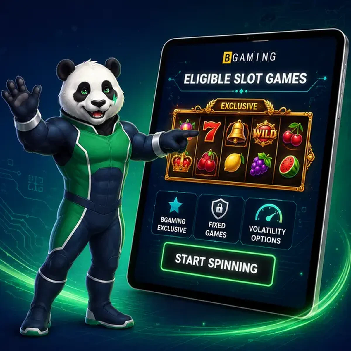 Bruno le Panda pointant l'affichage des tours gratuits sur une tablette de jeu au portail Eligible Slot Games