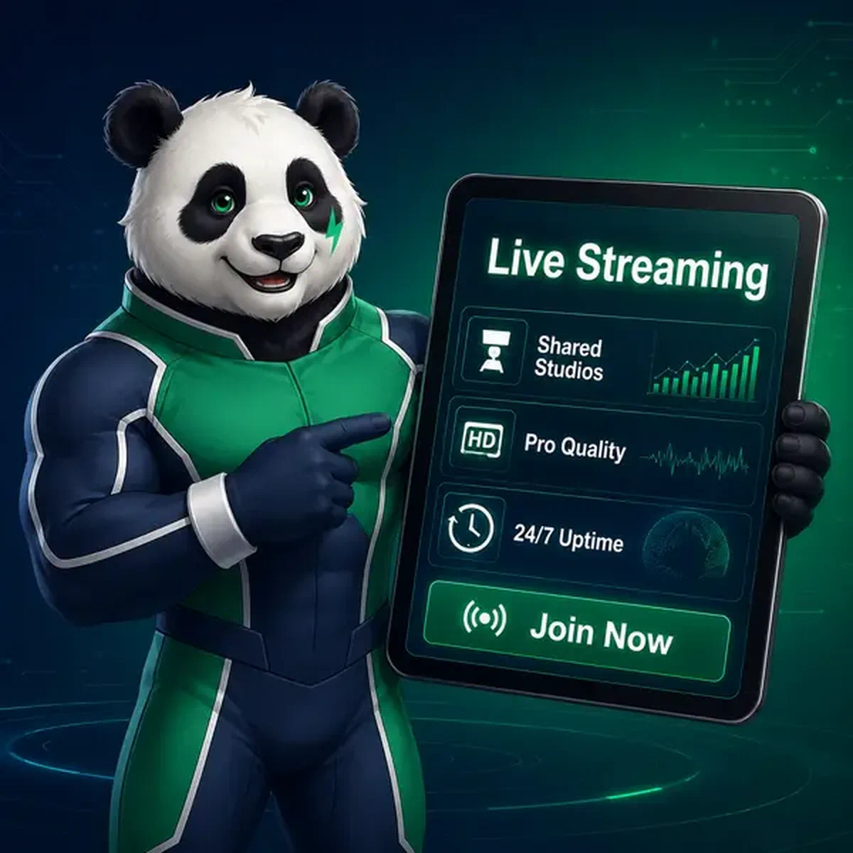 Bruno le panda présentant les jeux de croupiers en direct dans une configuration de studio de streaming professionnel