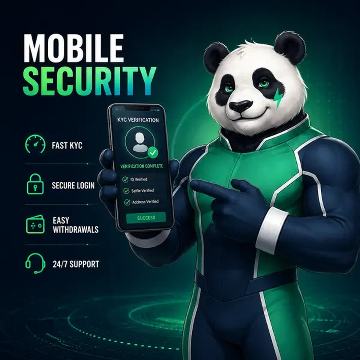 Bruno le Panda démontrant la connexion sécurisée de l'application mobile aux Fonctionnalités de Sécurité Mobile et Options de Connexion