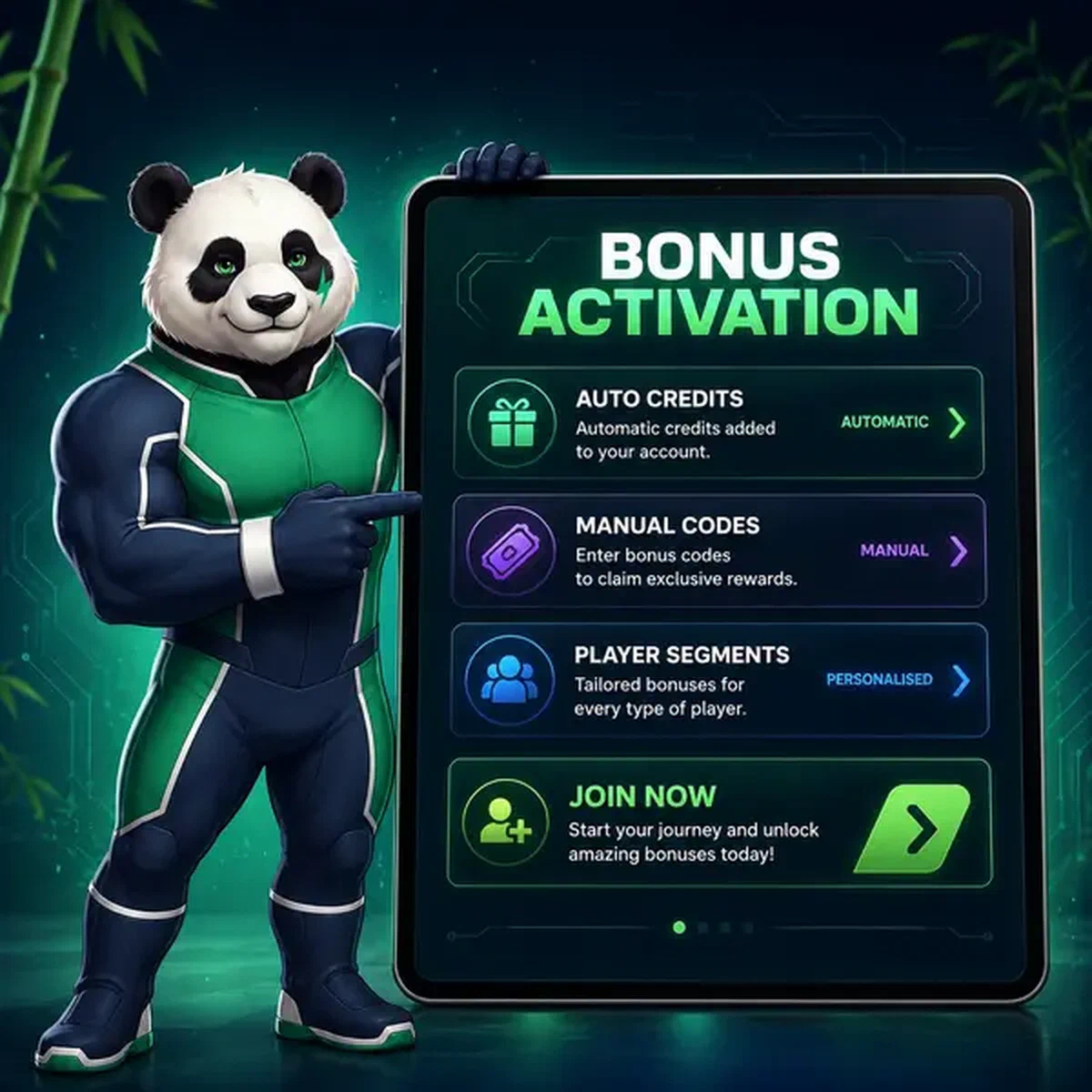 Bruno le Panda expliquant l'activation du code promo sur un écran de tablette animé