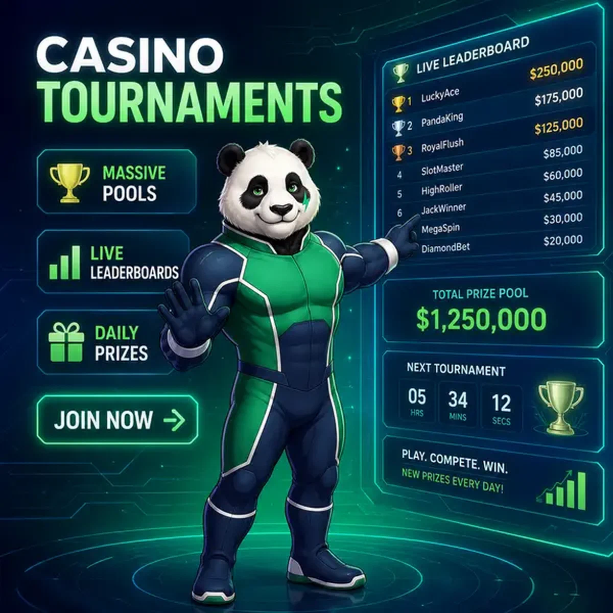 Bruno le panda pointant les leaderboards de tournois au hub de compétitions Bruno Casino
