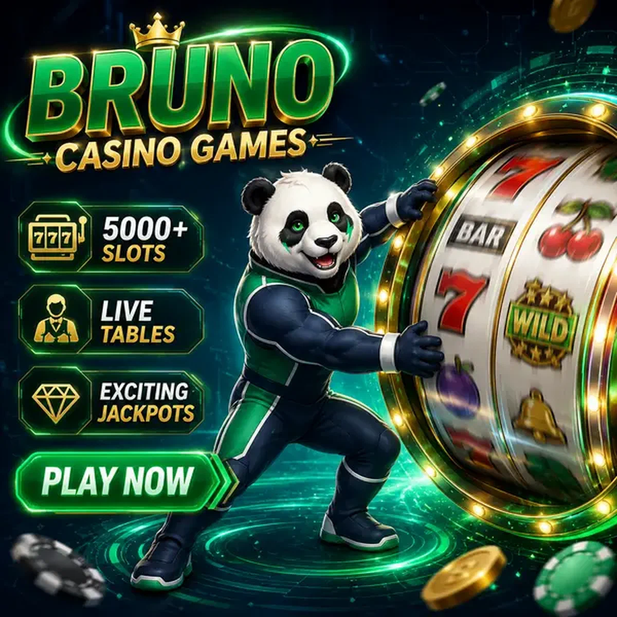 Bruno le Panda faisant tourner des jeux de machines à sous chez Bruno Casino Games avec des yeux émeraude brillants