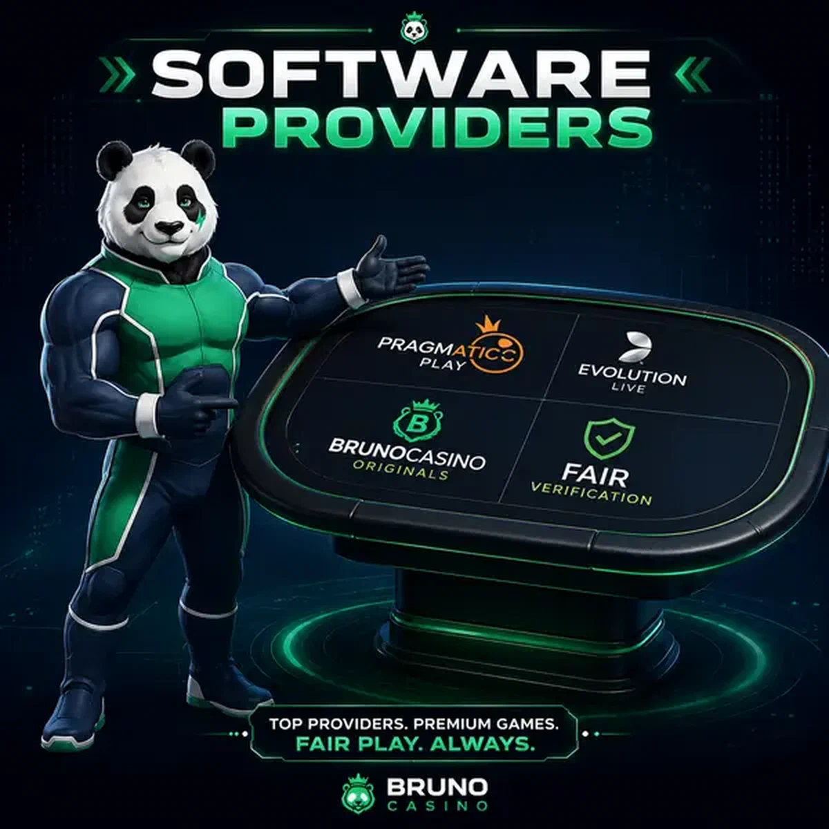 Bruno le Panda présentant les fournisseurs de logiciels à la table de jeu Bruno Casino