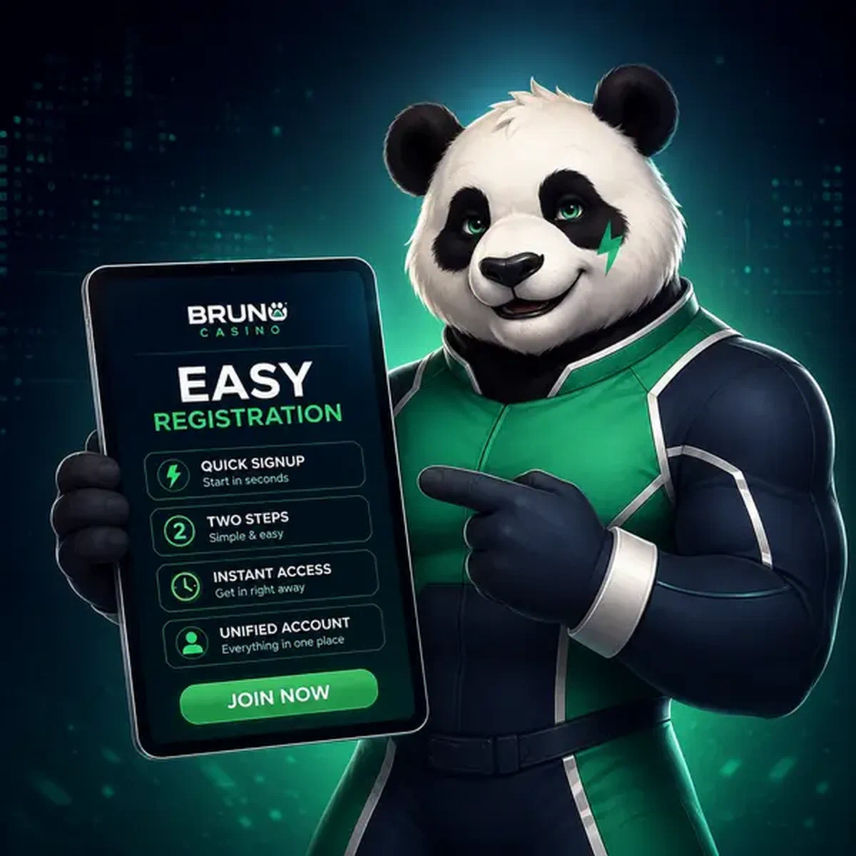 Bruno le Panda guidant l'inscription facile au portail de bienvenue Bruno Casino