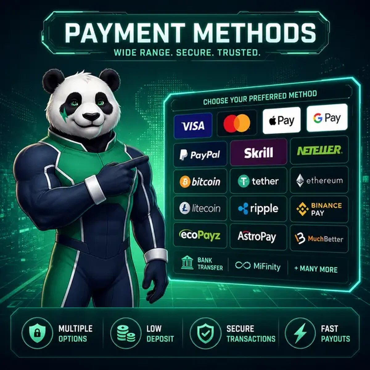 Bruno der Panda zeigt auf digitale Zahlungsmethoden-Anzeige im Bruno Casino